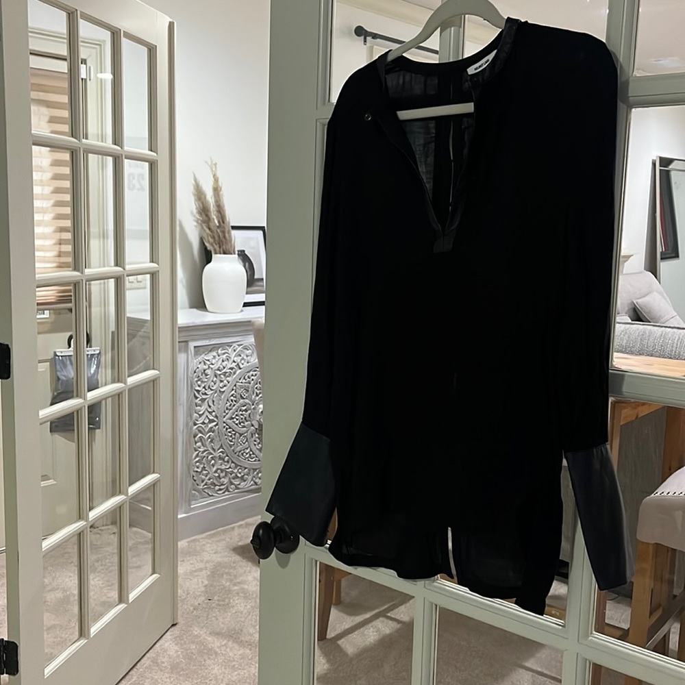 Helmut Lang all black leather accent top